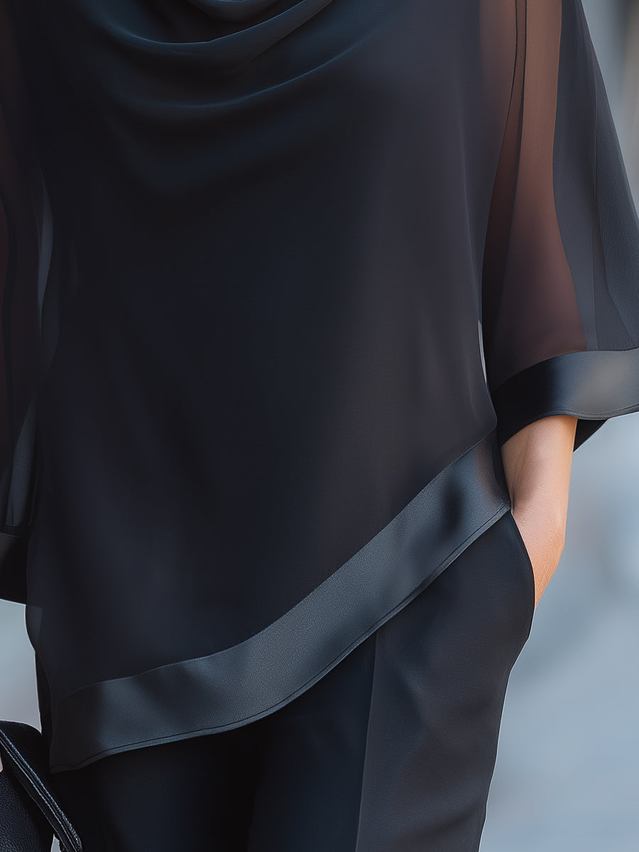 Léon Varel Sheer Flared Sleeve Cowl Neck Blouse With Satin Trim
