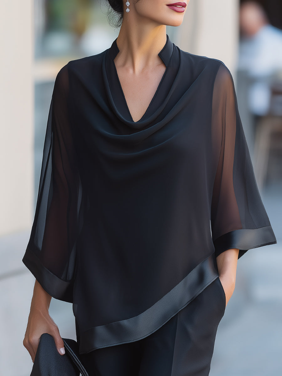 Léon Varel Sheer Flared Sleeve Cowl Neck Blouse With Satin Trim