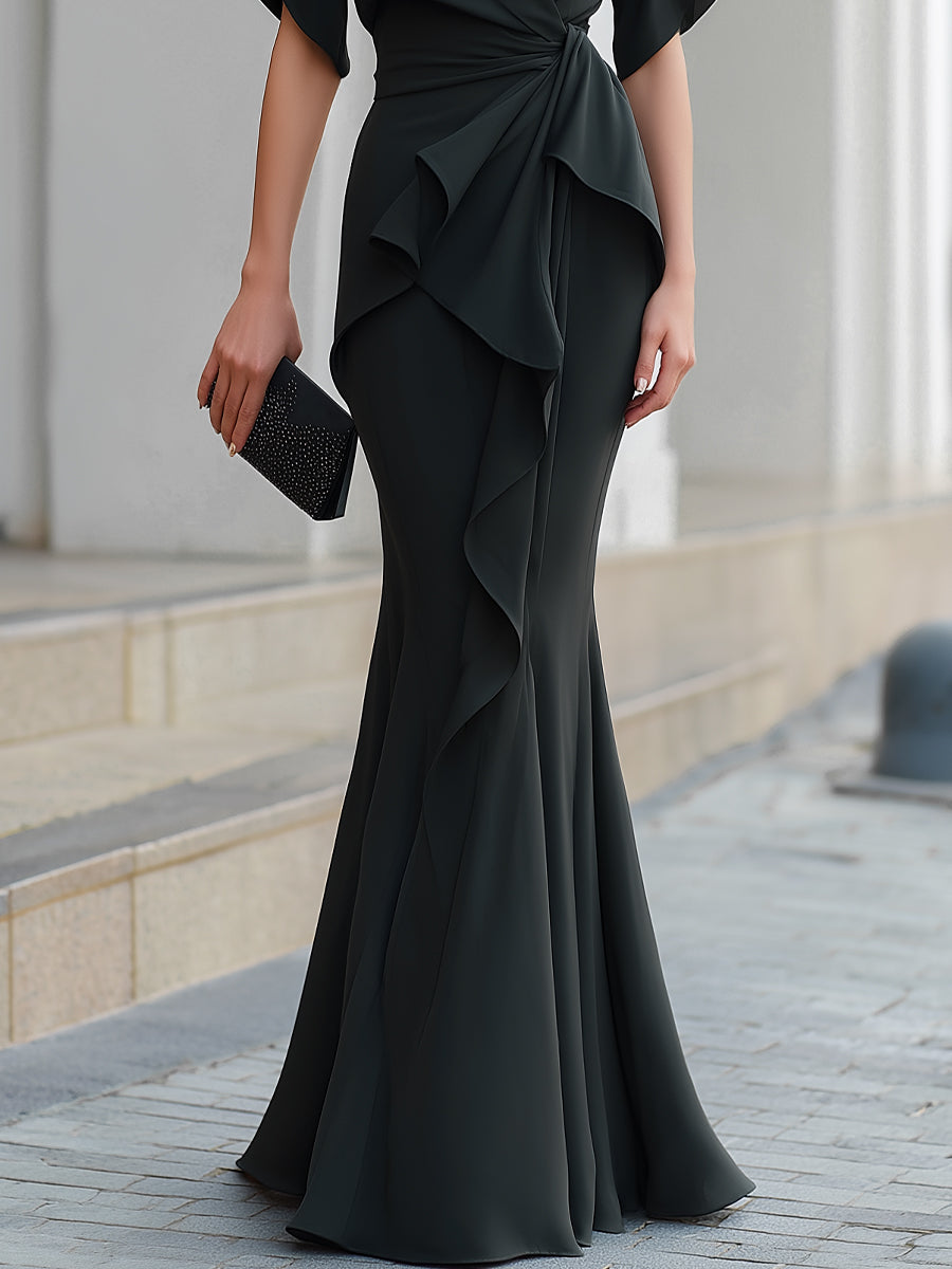 Léon Varel Draped Wrap Ruffle Front Mermaid Maxi Dress