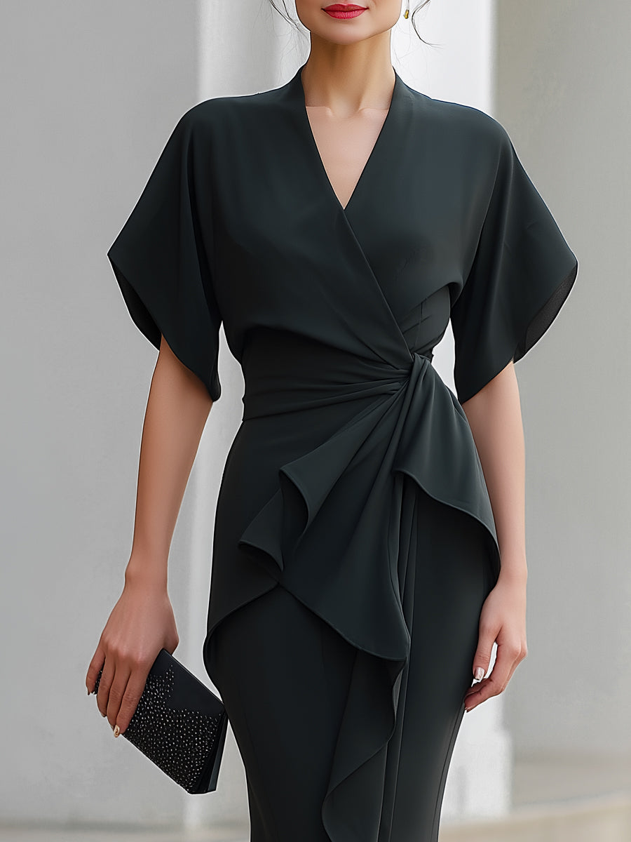 Léon Varel Draped Wrap Ruffle Front Mermaid Maxi Dress