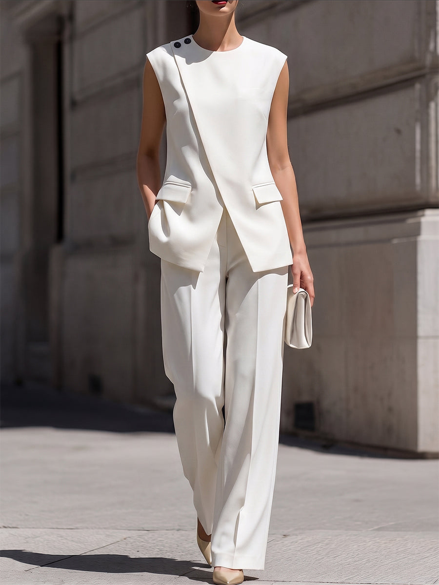 Léon Varel Asymmetrical Sleeveless Blazer Vest & High-Waisted Wide-Leg Trousers Two-Piece Suit