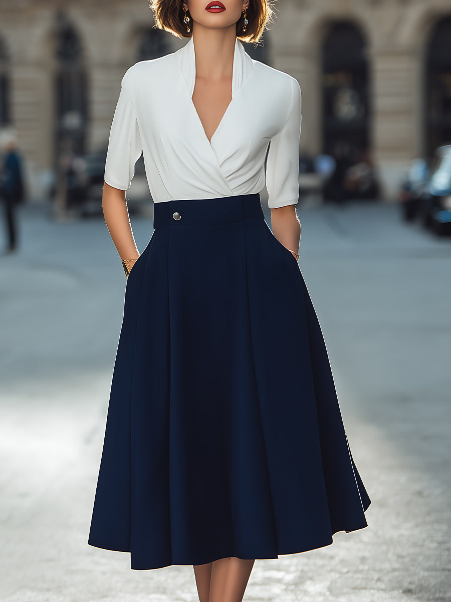 Léon Varel Contrast Wrap Top & A-Line Midi Dress Set