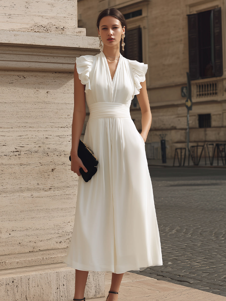 Léon Varel Ruffle Sleeve Ruched Waist Maxi Dress