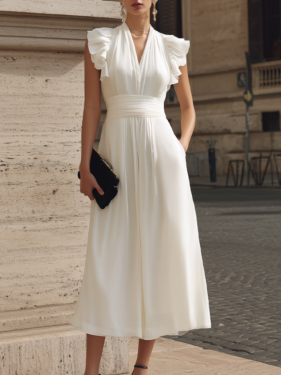 Léon Varel Ruffle Sleeve Ruched Waist Maxi Dress