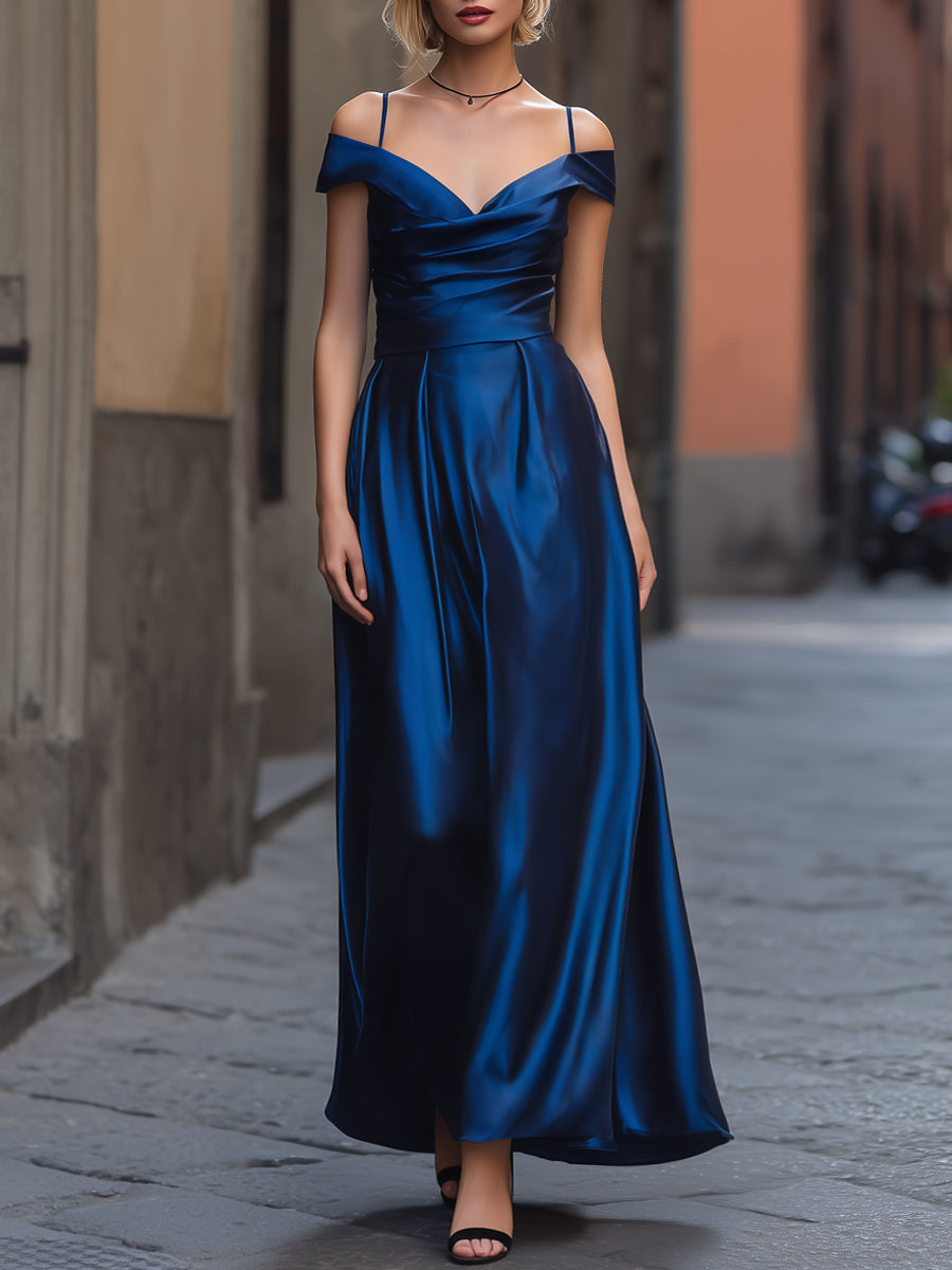 Léon Varel Off-Shoulder Satin A-Line Maxi Dress