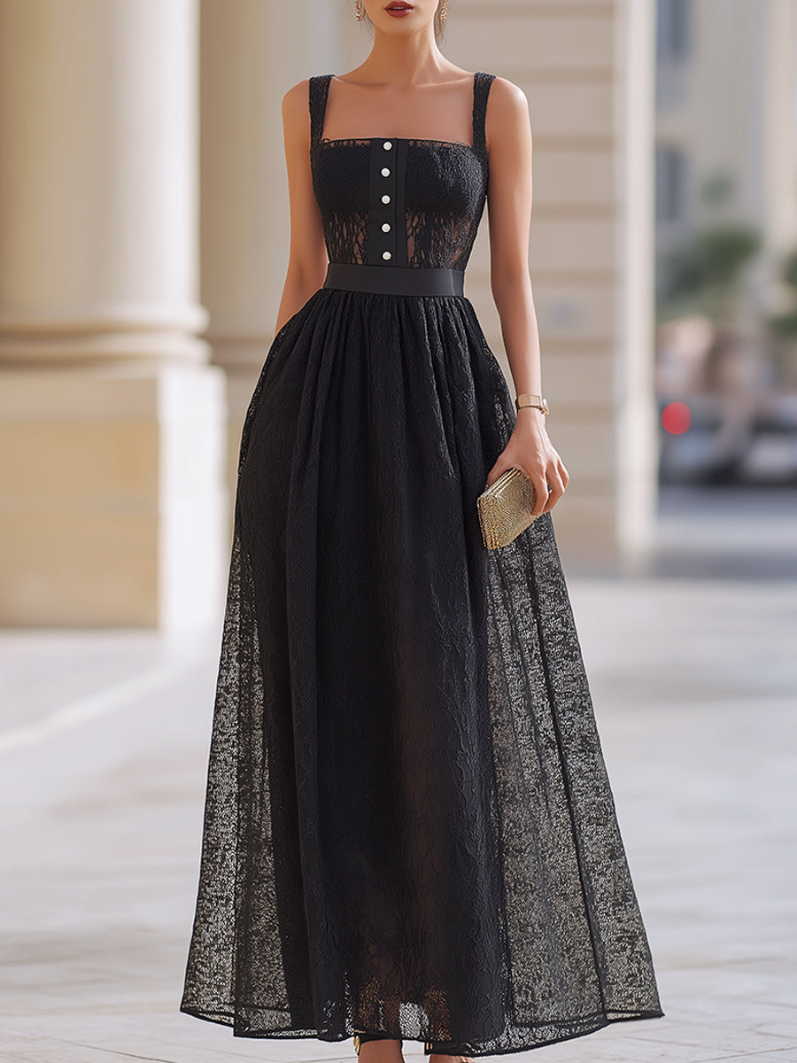 Léon Varel Black Lace Button Detail A-Line Midi Dress