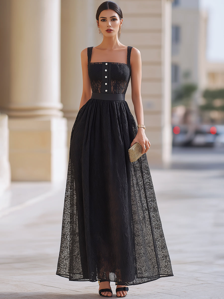 Léon Varel Black Lace Button Detail A-Line Midi Dress