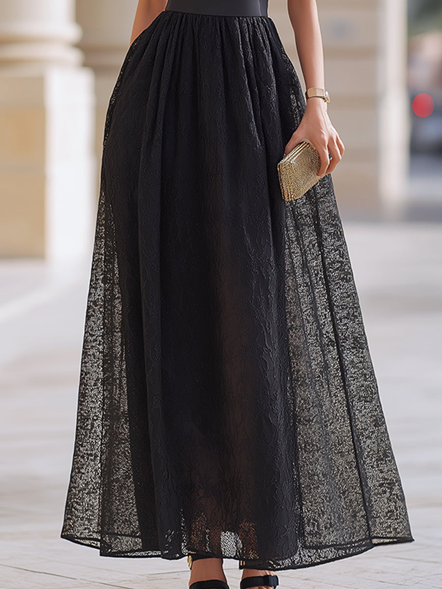 Léon Varel Black Lace Button Detail A-Line Midi Dress