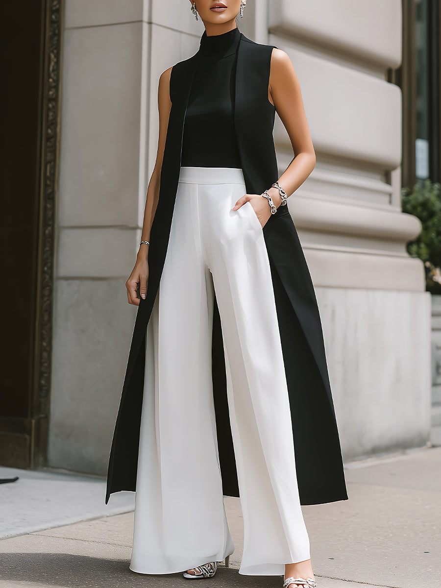 Léon Varel Sleeveless Longline Vest, High-Neck Top & Wide-Leg Pants Set