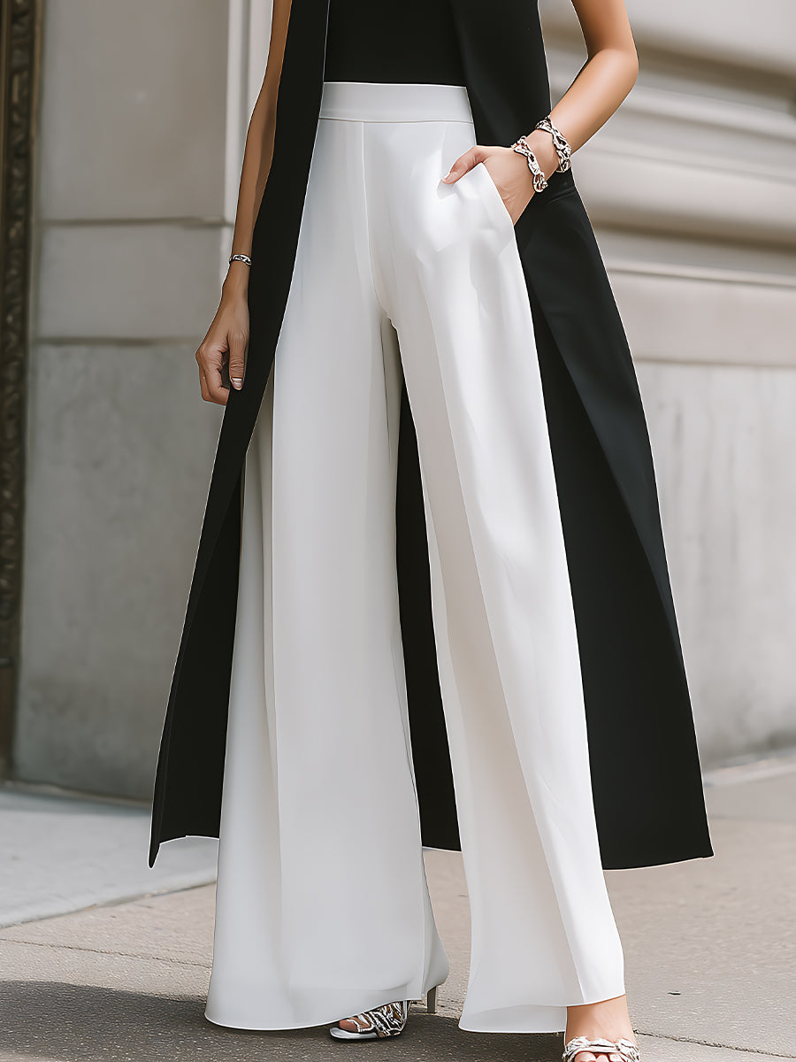 Léon Varel Sleeveless Longline Vest, High-Neck Top & Wide-Leg Pants Set