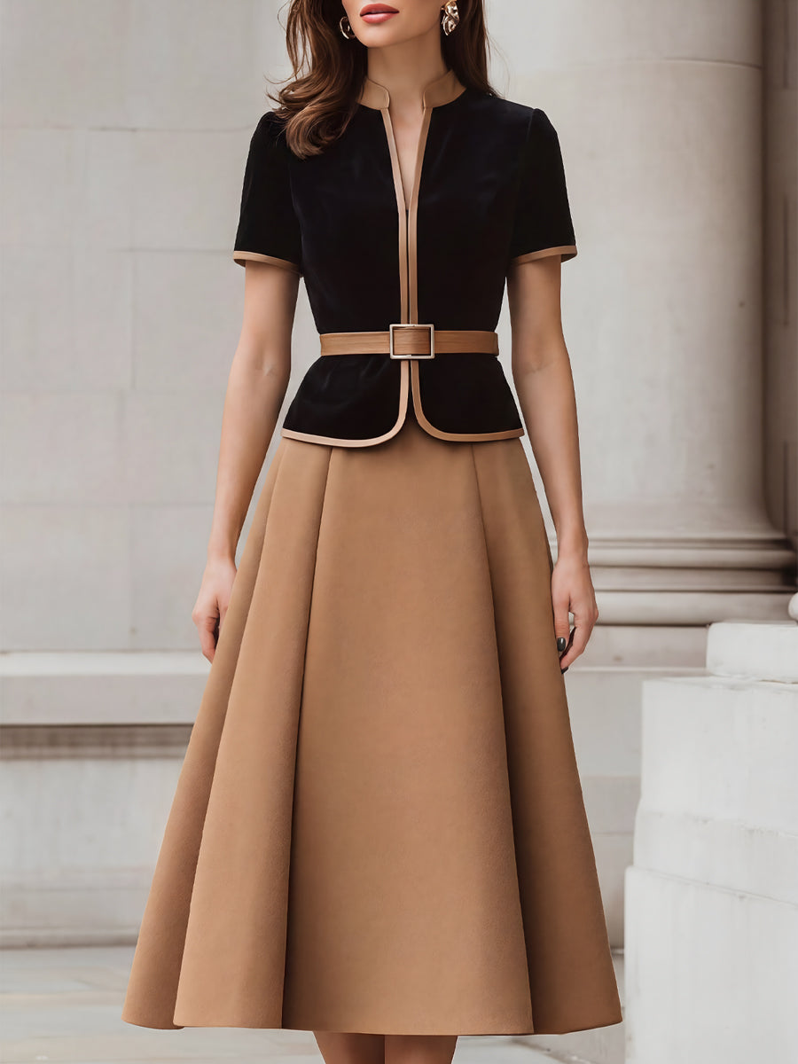 Léon Varel Contrast Trim Peplum Blazer And Pleated A-Line Skirt Set