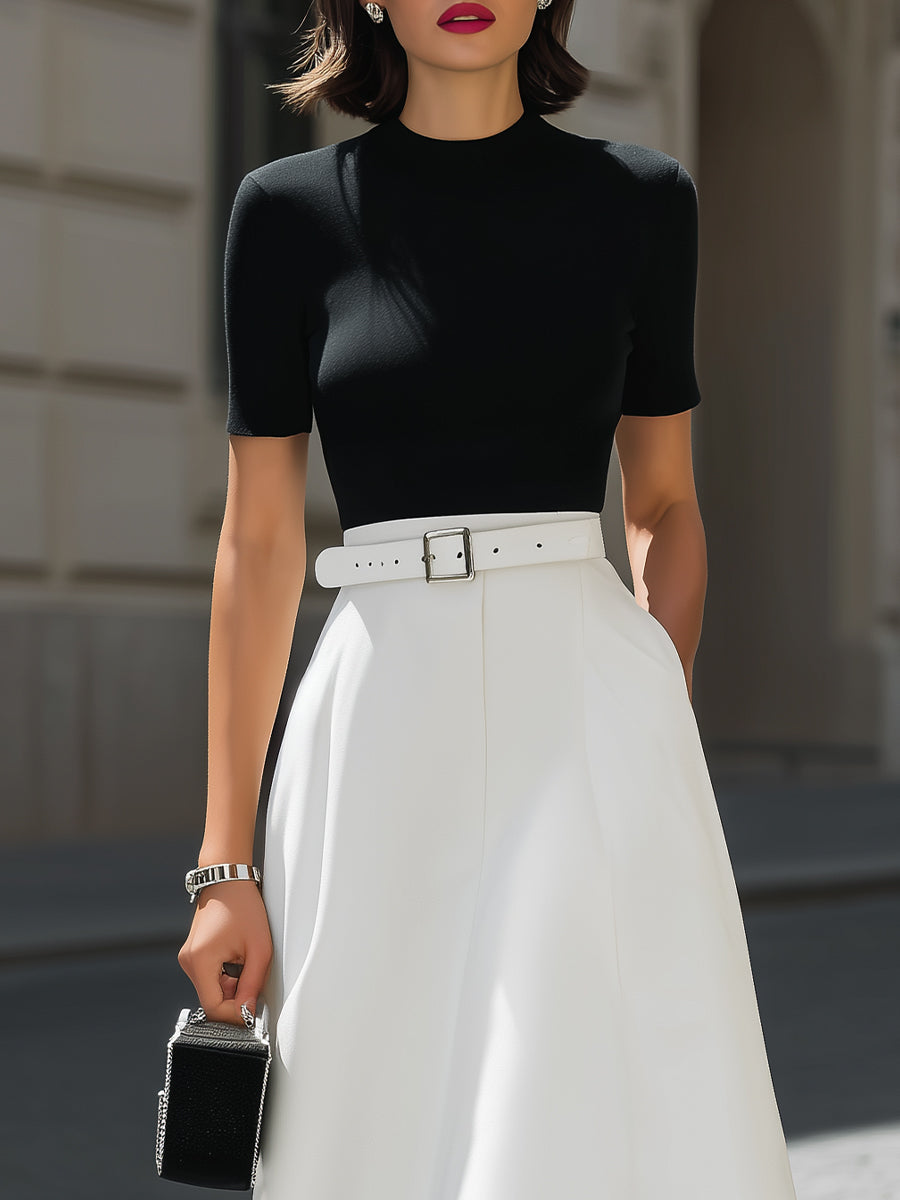 Léon Varel Short-Sleeve Mock Neck Top & White Belted A-Line Midi Skirt Two-Piece Set