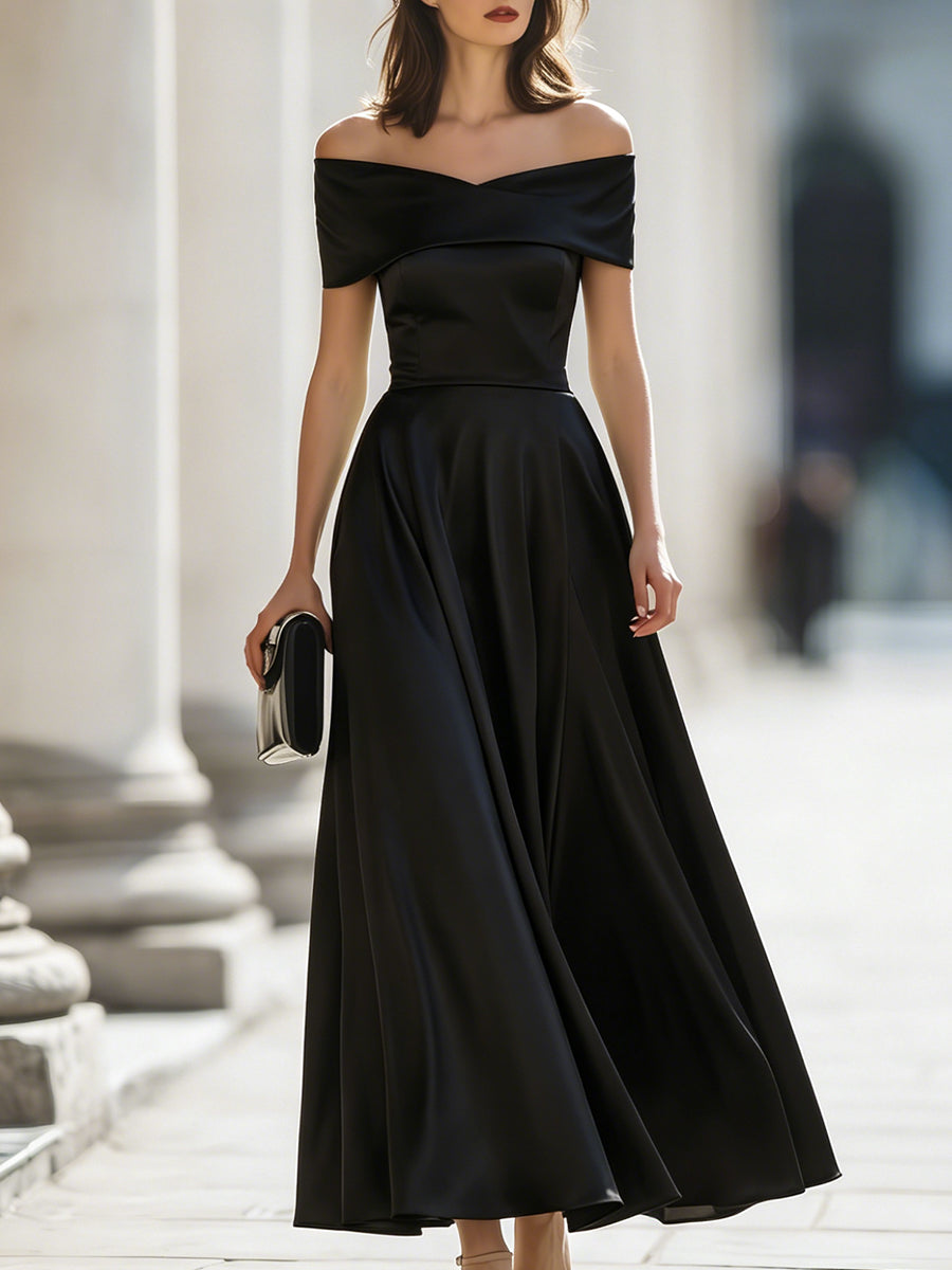 Léon Varel Off-Shoulder Satin A-Line Maxi Dress