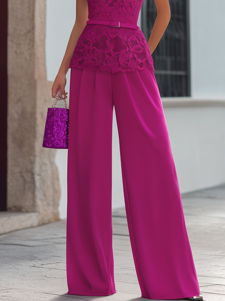 Léon Varel Belted Lace Peplum Blouse And Wide-Leg Pants Set