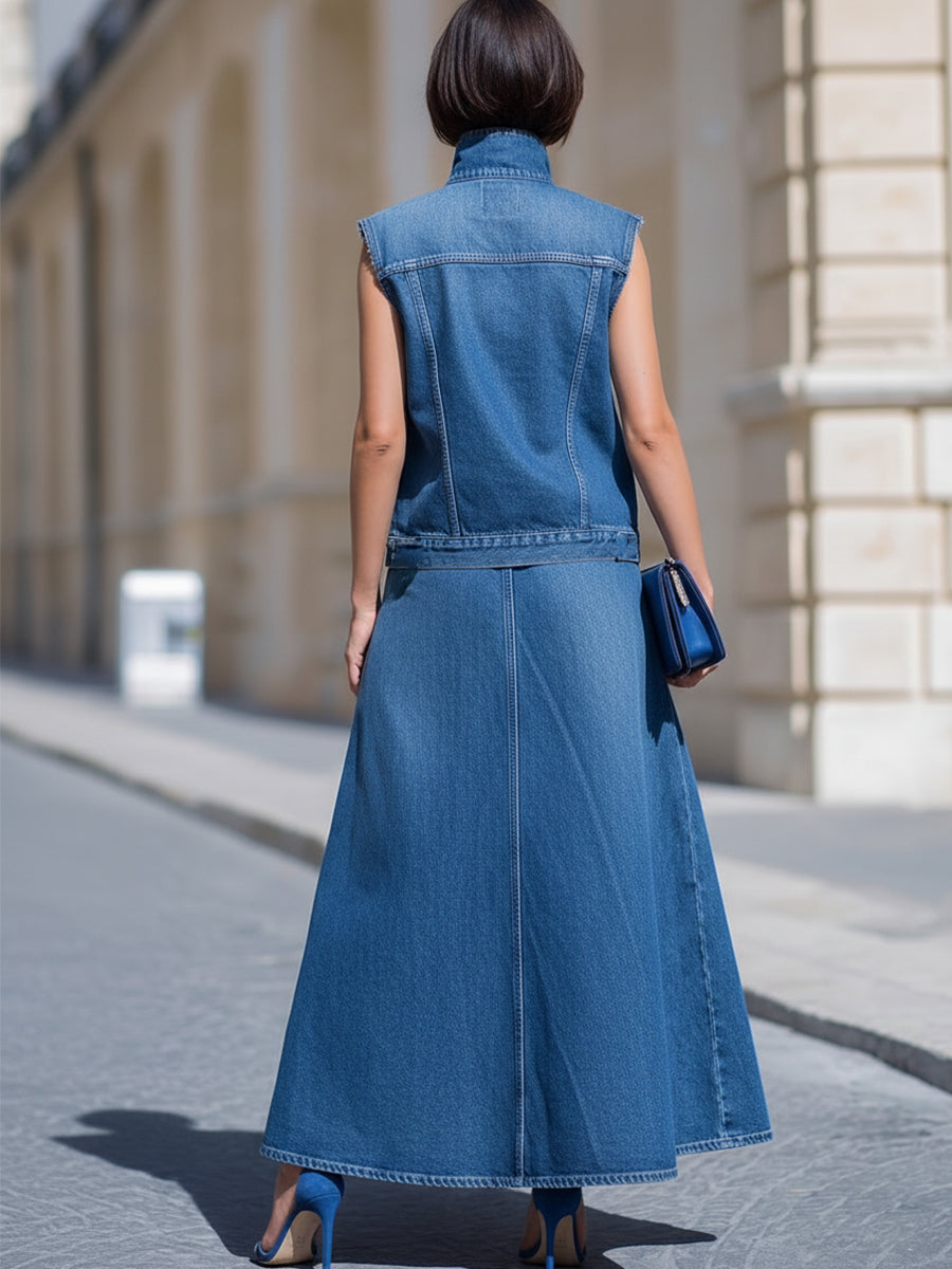 Léon Varel Denim Stand-Collar Sleeveless Vest & High-Waisted A-Line Maxi Skirt Two-Piece Set
