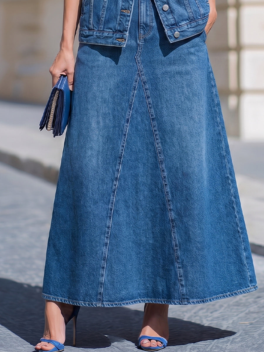 Léon Varel Denim Stand-Collar Sleeveless Vest & High-Waisted A-Line Maxi Skirt Two-Piece Set