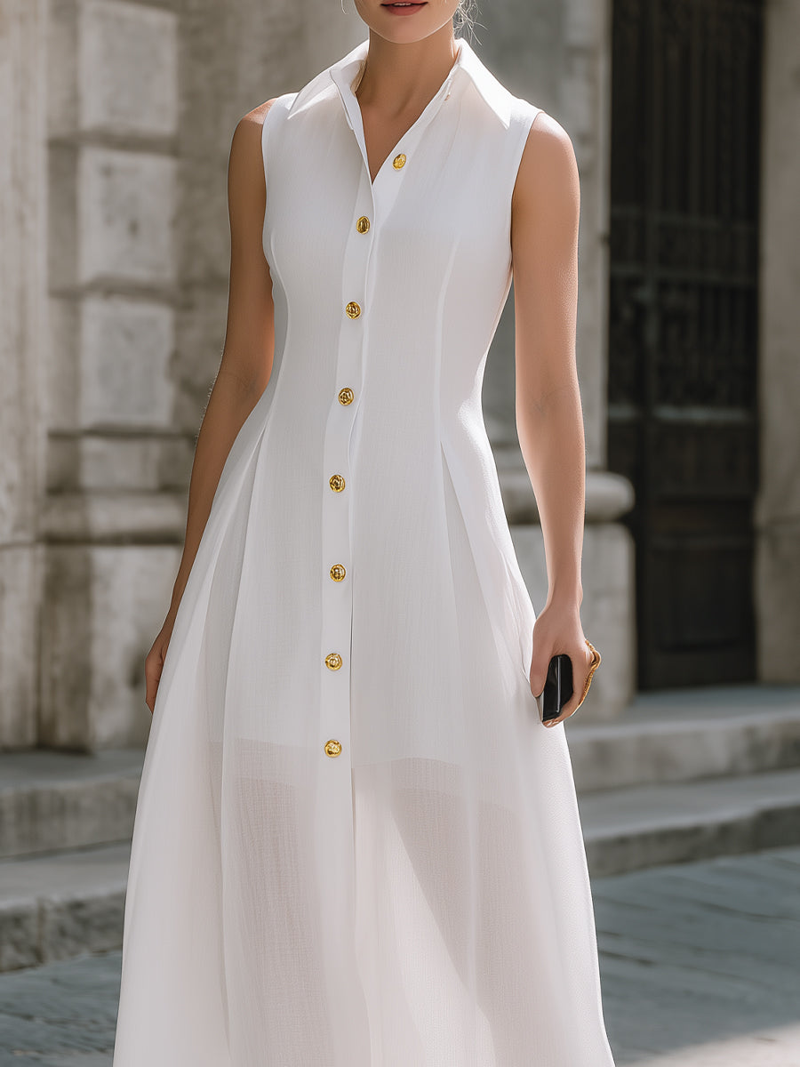 Léon Varel Premium Linen Blend Sleeveless Button-Front Maxi Dress