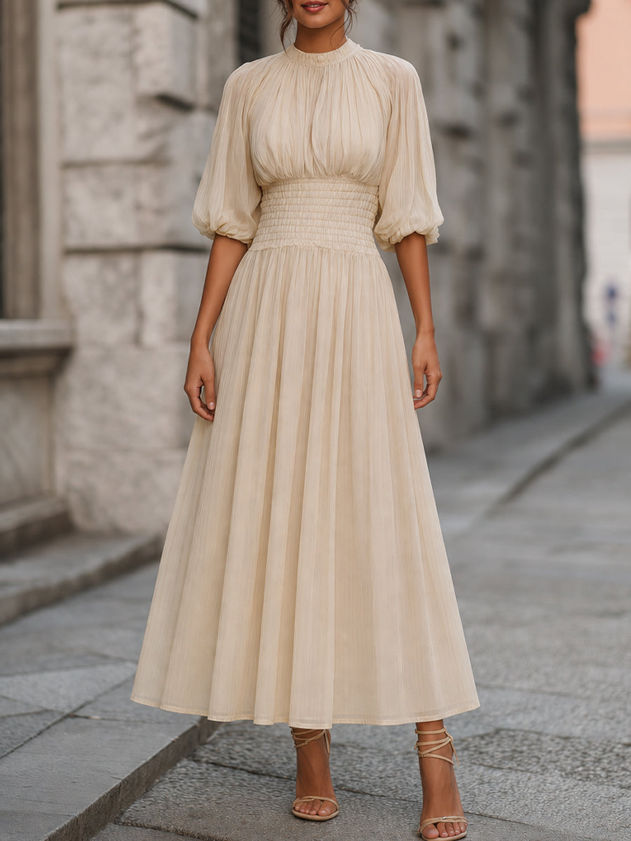 Léon Varel Smocked Waist Puff Sleeve A-Line Midi Dress