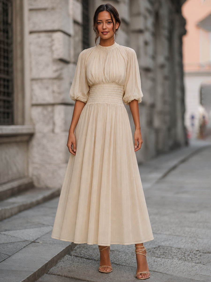 Léon Varel Smocked Waist Puff Sleeve A-Line Midi Dress