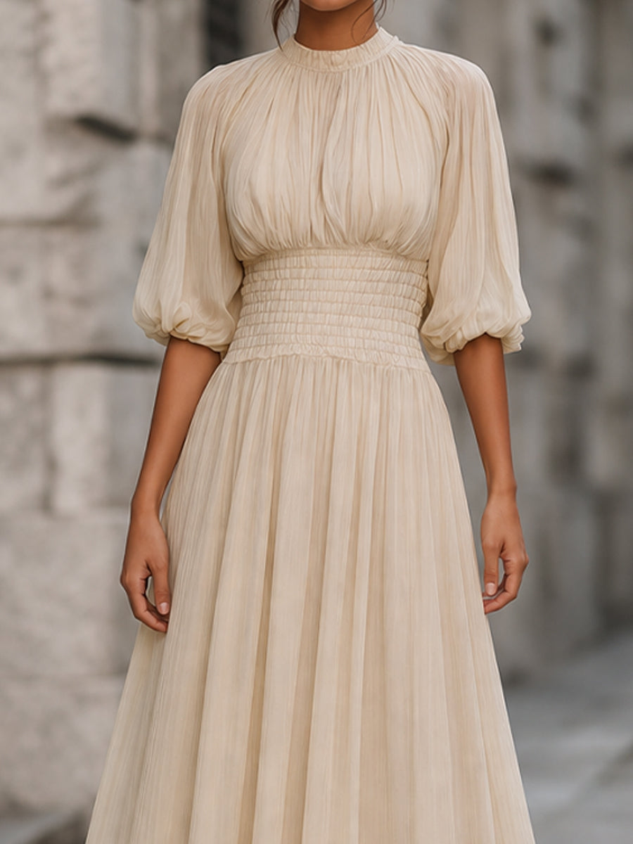 Léon Varel Smocked Waist Puff Sleeve A-Line Midi Dress