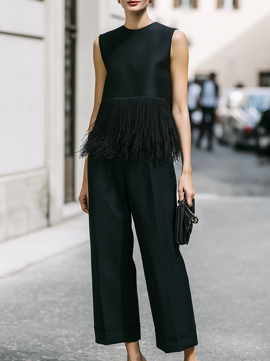 Léon Varel Black Fringe Trim Sleeveless Top & Wide-Leg Pants Set