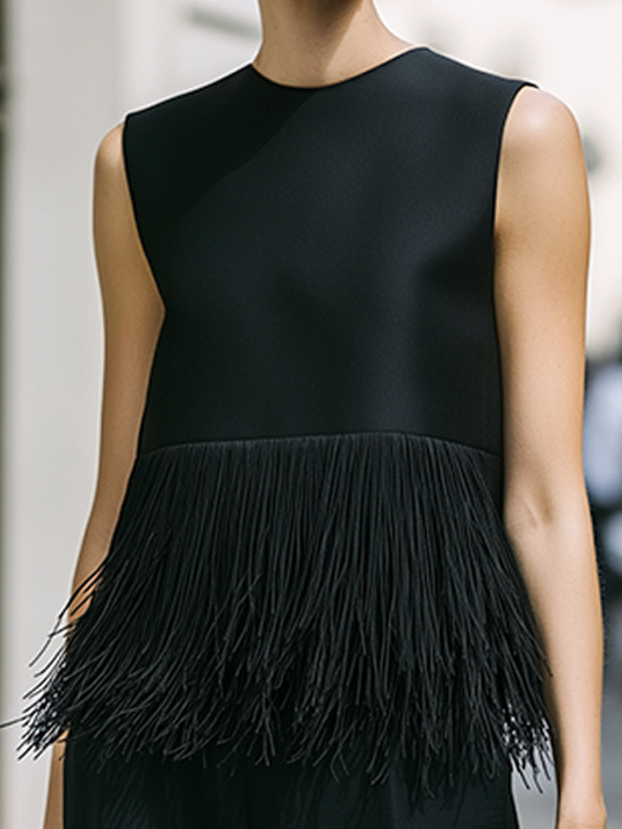 Léon Varel Black Fringe Trim Sleeveless Top & Wide-Leg Pants Set