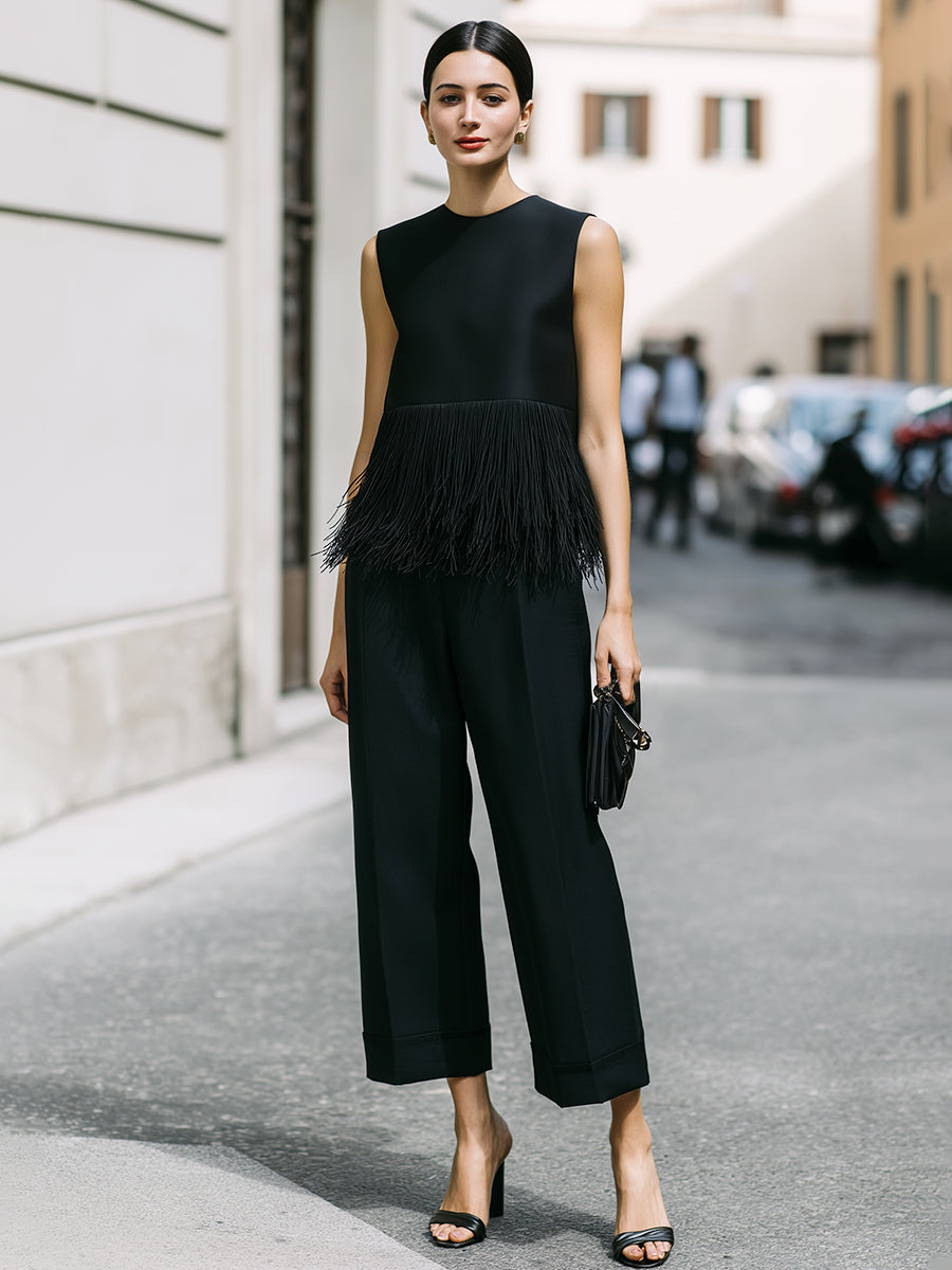Léon Varel Black Fringe Trim Sleeveless Top & Wide-Leg Pants Set