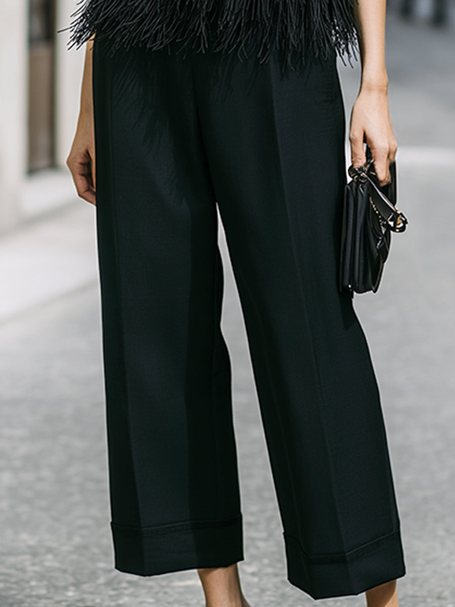 Léon Varel Black Fringe Trim Sleeveless Top & Wide-Leg Pants Set