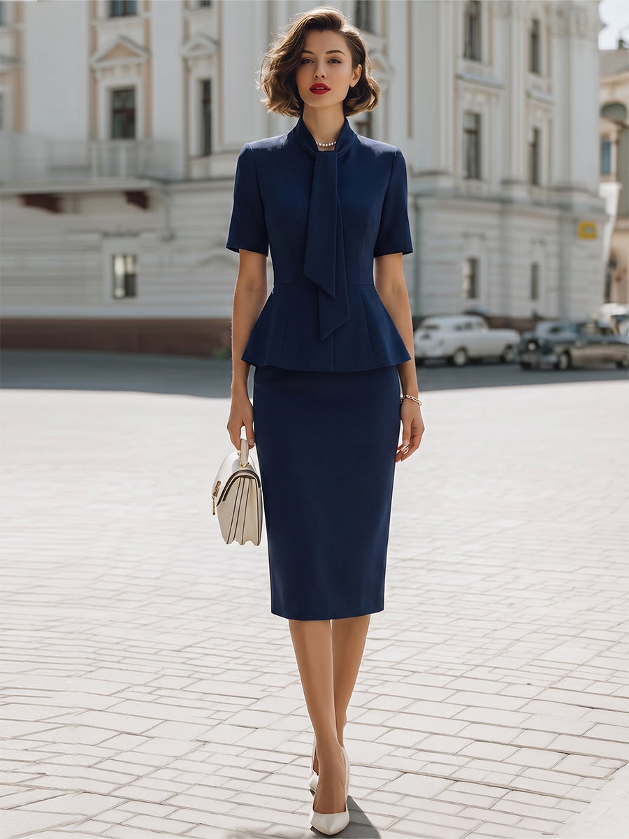 Léon Varel High-Neck Tie Peplum Blouse & High-Waisted Pencil Skirt Two-Piece Suit