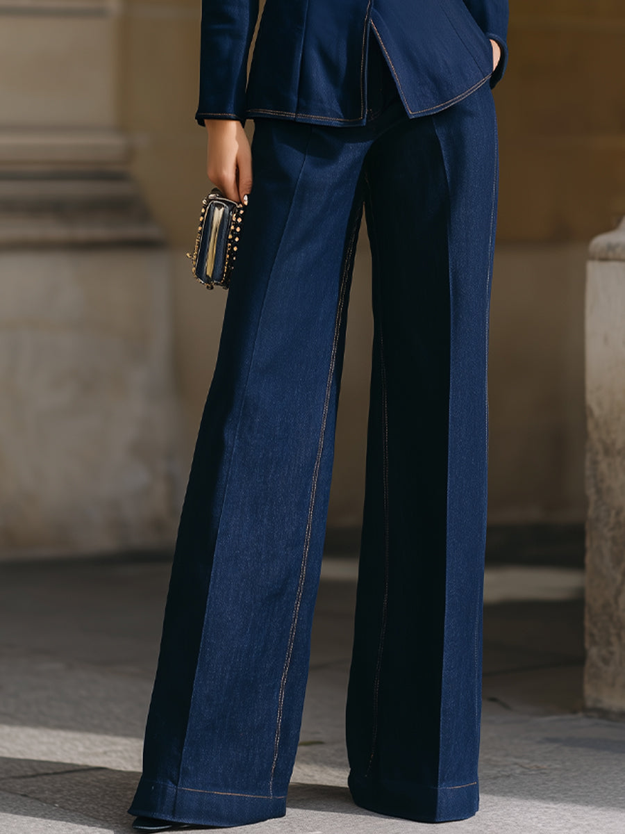 Léon Varel Denim Military Blazer & High-Waisted Wide-Leg Trousers Two-Piece Suit
