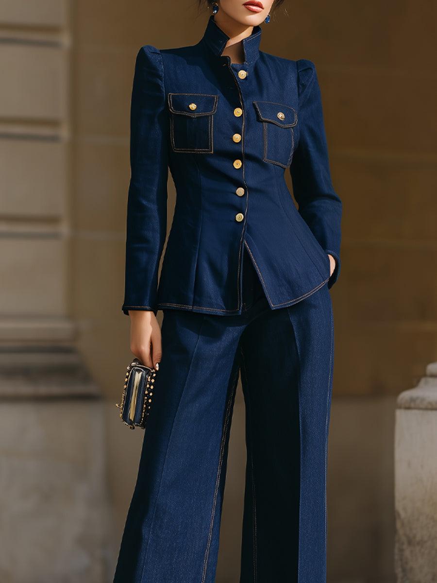 Léon Varel Denim Military Blazer & High-Waisted Wide-Leg Trousers Two-Piece Suit