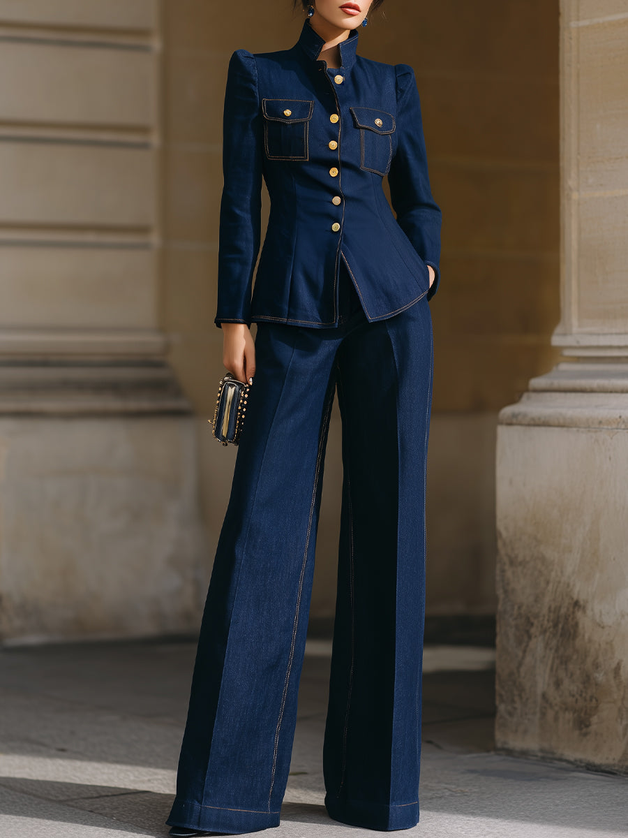 Léon Varel Denim Military Blazer & High-Waisted Wide-Leg Trousers Two-Piece Suit