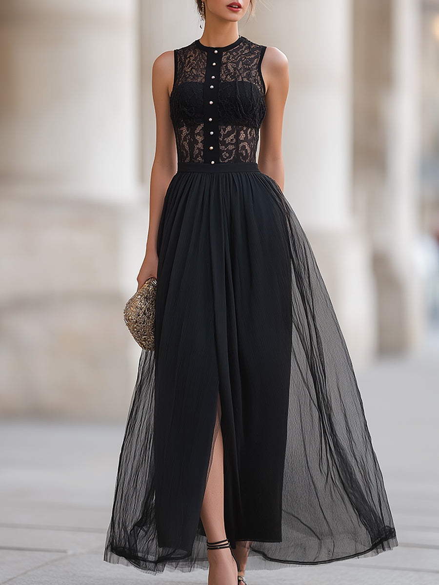 Léon Varel Black Lace High-Neck Tulle A-Line Midi Dress
