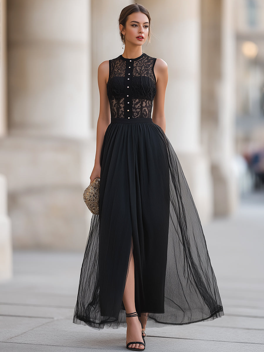 Léon Varel Black Lace High-Neck Tulle A-Line Midi Dress