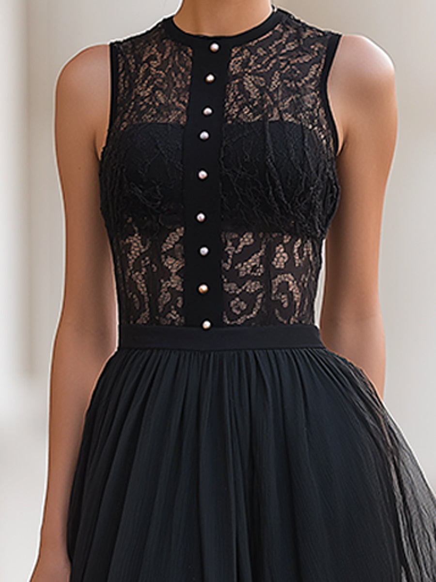 Léon Varel Black Lace High-Neck Tulle A-Line Midi Dress