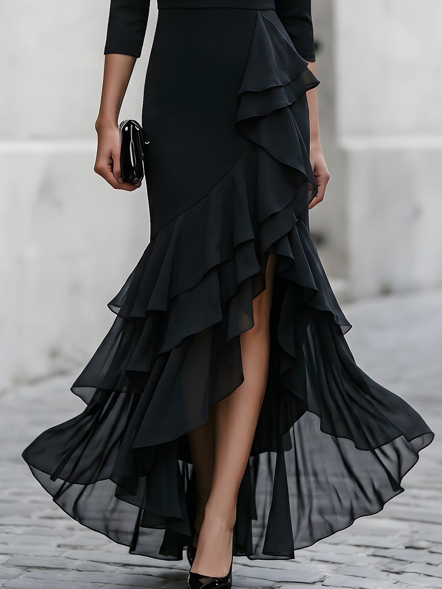 Léon Varel Three-Quarter Sleeve Asymmetric Ruffle Maxi Dress