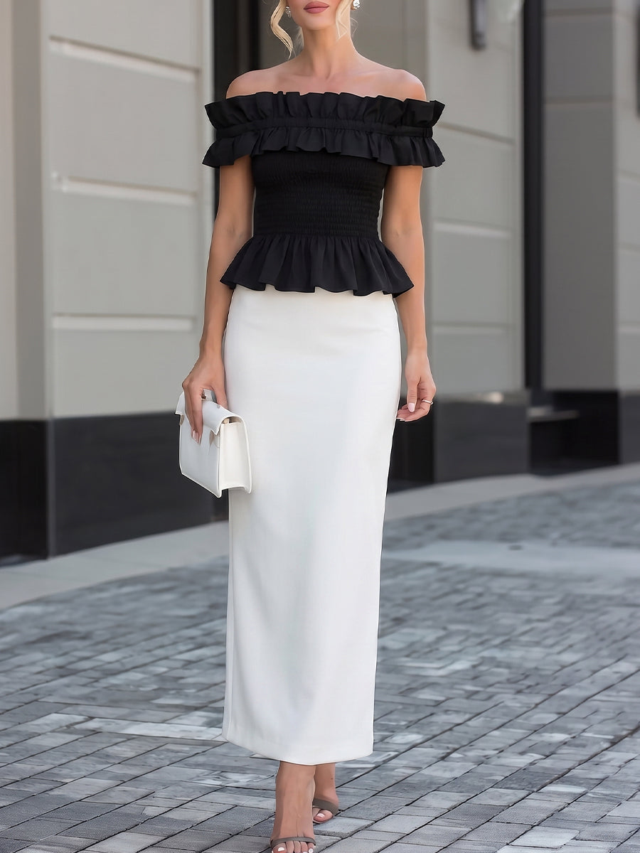 Léon Varel Off-Shoulder Ruffled Peplum Top & White High-Waisted Maxi Pencil Skirt Two-Piece Set
