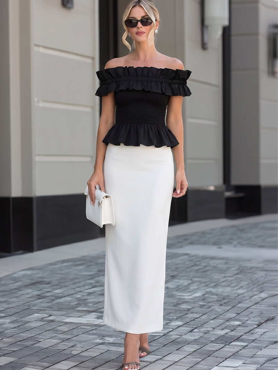 Léon Varel Off-Shoulder Ruffled Peplum Top & White High-Waisted Maxi Pencil Skirt Two-Piece Set