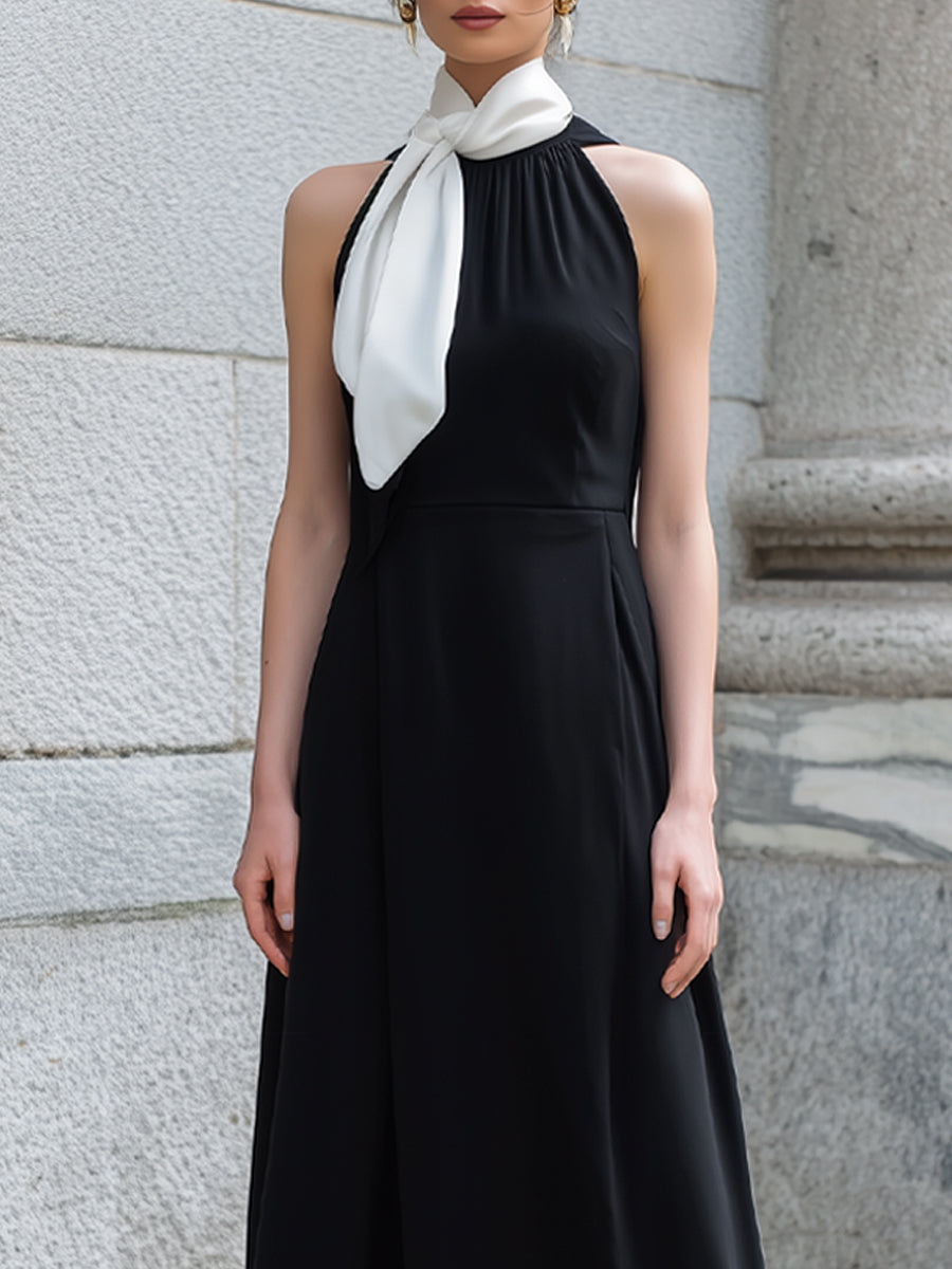 Léon Varel Contrast Tie Neck Halter Maxi Dress