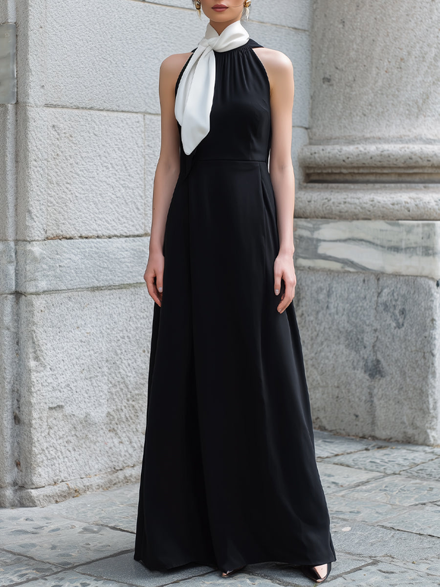 Léon Varel Contrast Tie Neck Halter Maxi Dress