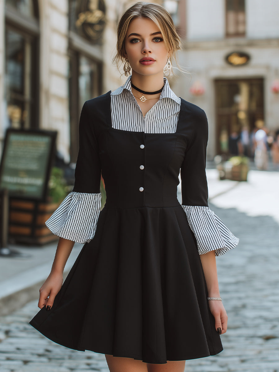 Léon Varel Striped Collar Fit-and-Flare Mini Dress