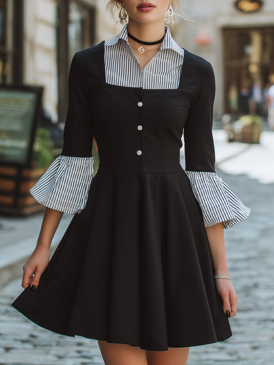 Léon Varel Striped Collar Fit-and-Flare Mini Dress
