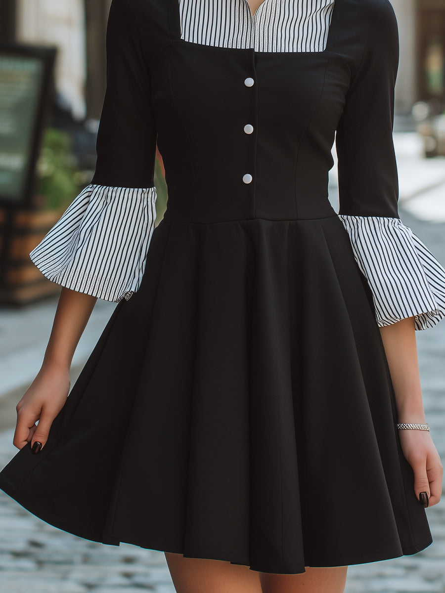 Léon Varel Striped Collar Fit-and-Flare Mini Dress