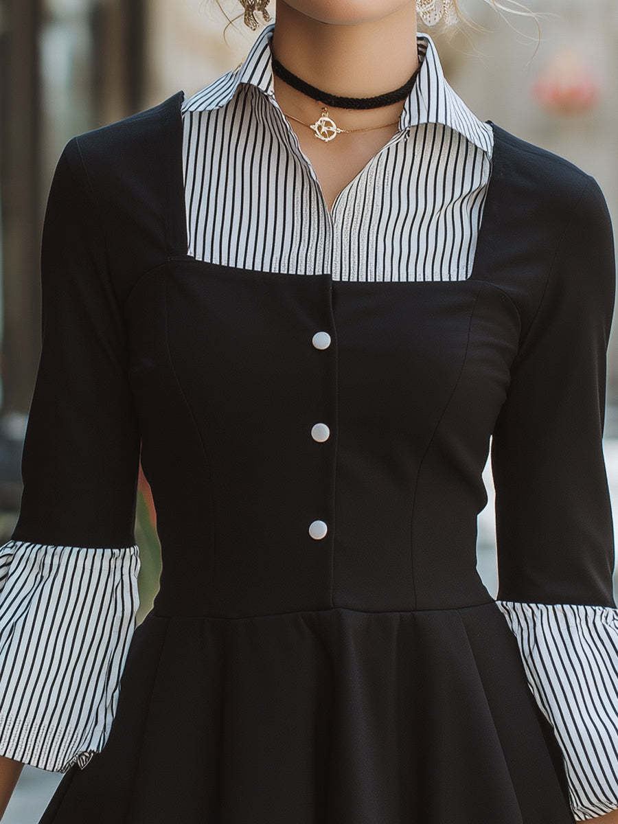 Léon Varel Striped Collar Fit-and-Flare Mini Dress