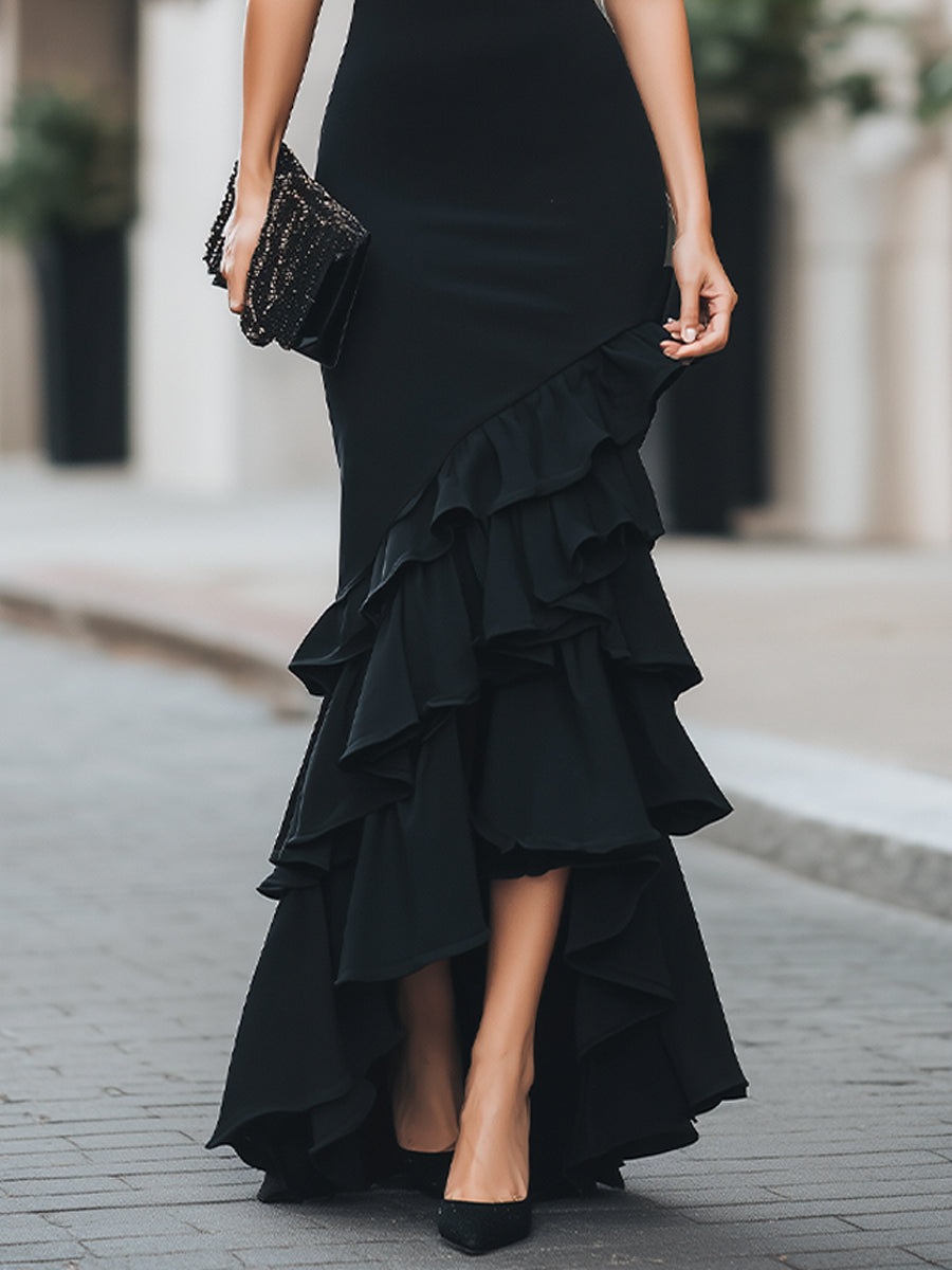 Léon Varel High Neck Asymmetric Ruffle Hem Maxi Dress