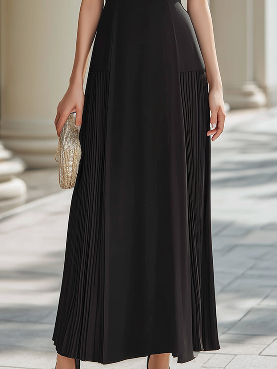 Léon Varel Black Pleated Panel Sleeveless A-Line Midi Dress