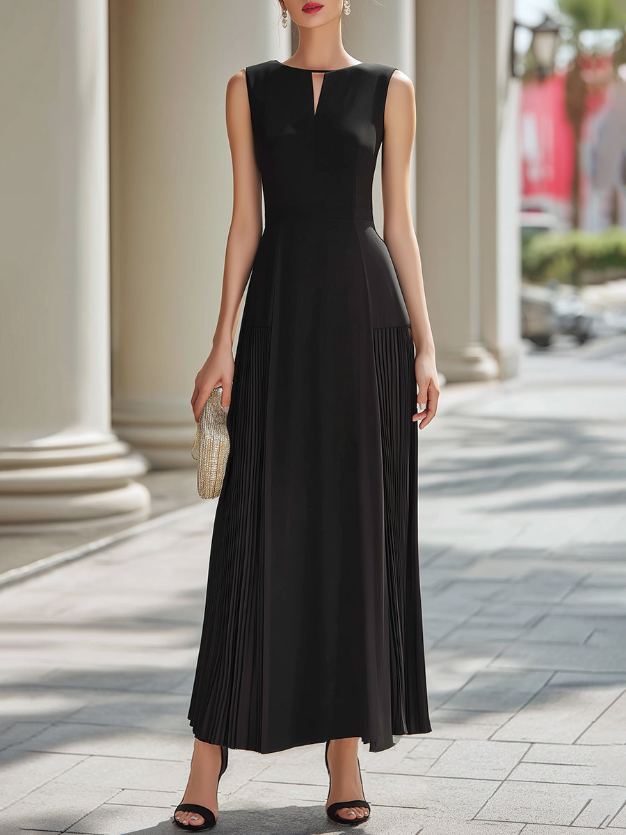 Léon Varel Black Pleated Panel Sleeveless A-Line Midi Dress