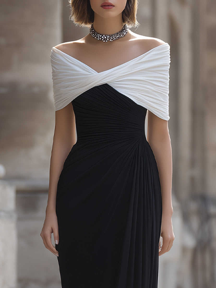 Léon Varel Contrast Off-Shoulder Draped Maxi Dress