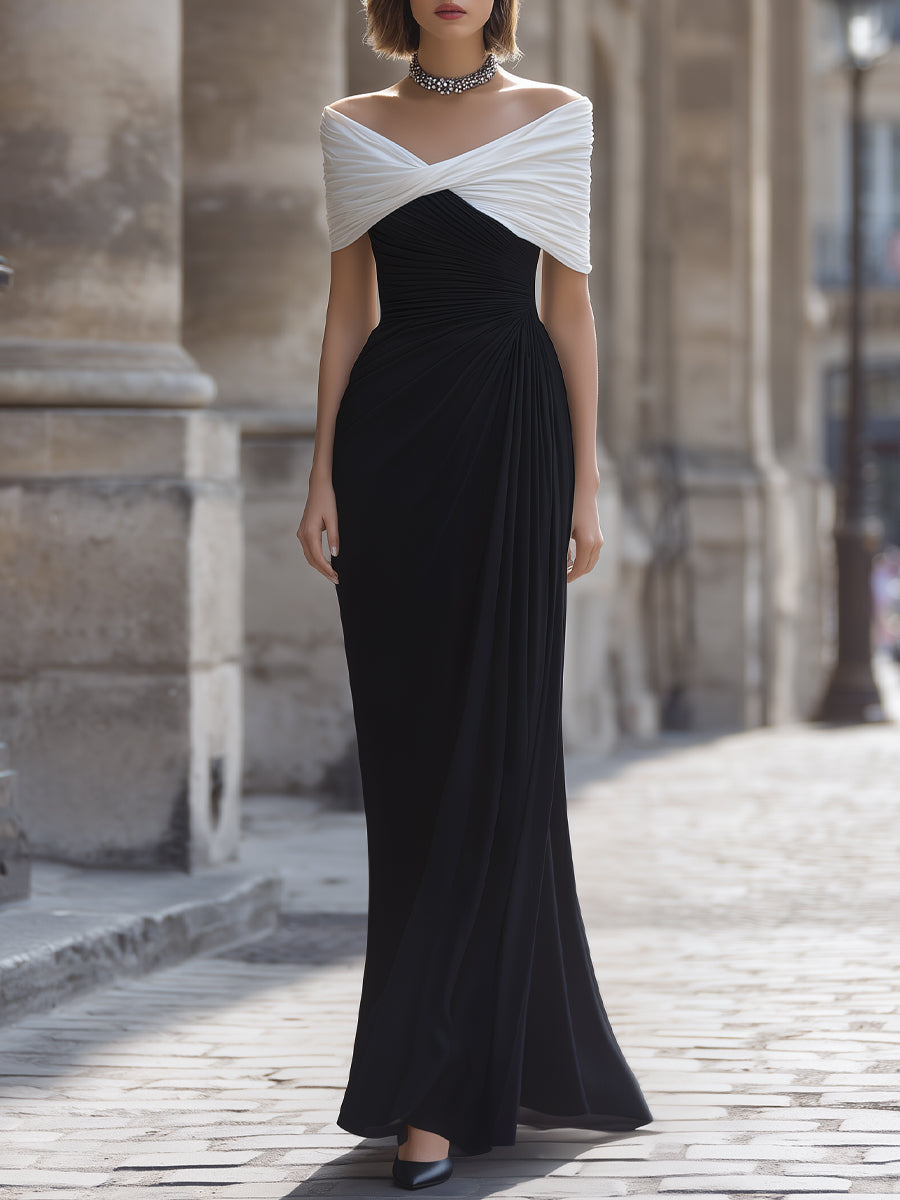 Léon Varel Contrast Off-Shoulder Draped Maxi Dress
