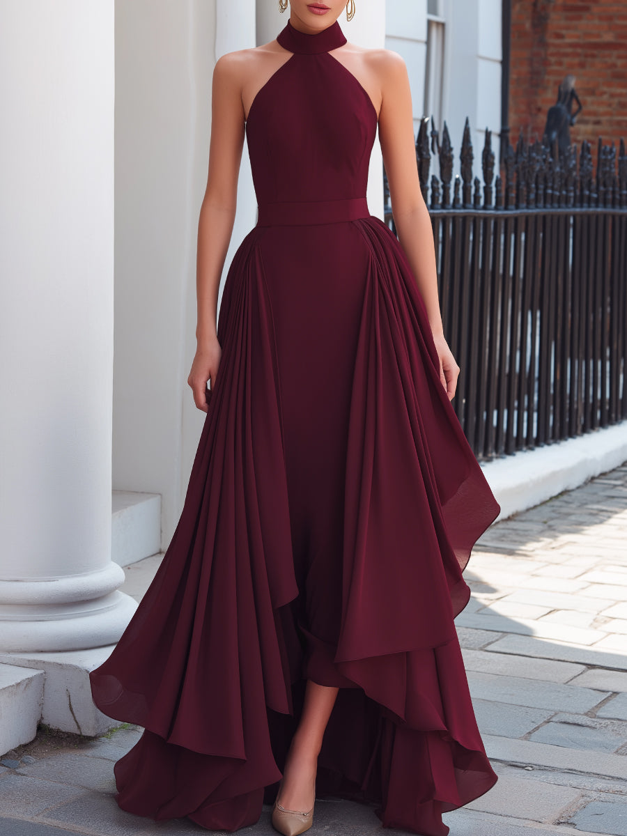 Léon Varel Halter Neck High-Low Chiffon Maxi Dress